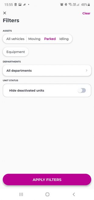 Screenshot of ABAX Admin app filter