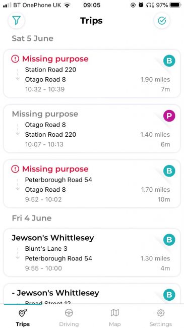 ABAX Driver App Trip List missing purpose